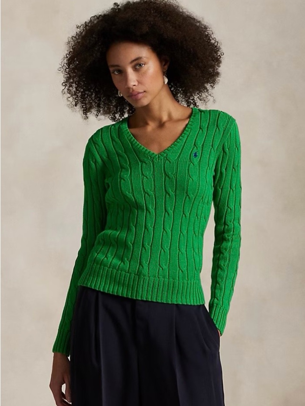 Ralph Lauren Green Cable-Knit Cotton V-Neck Sweater - Size M